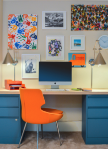 Orange chair with blue desk for Home office