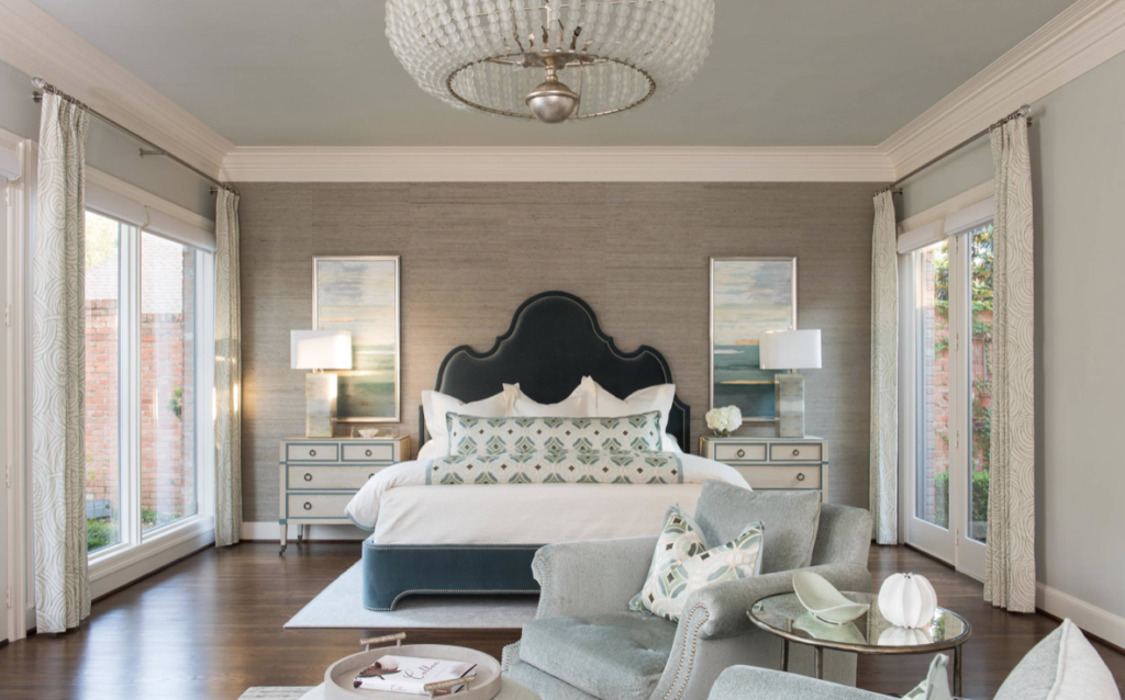 Master Bedroom with navy blue and neutral colors