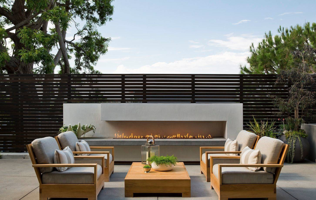 Modern outdoor living space with fire pit