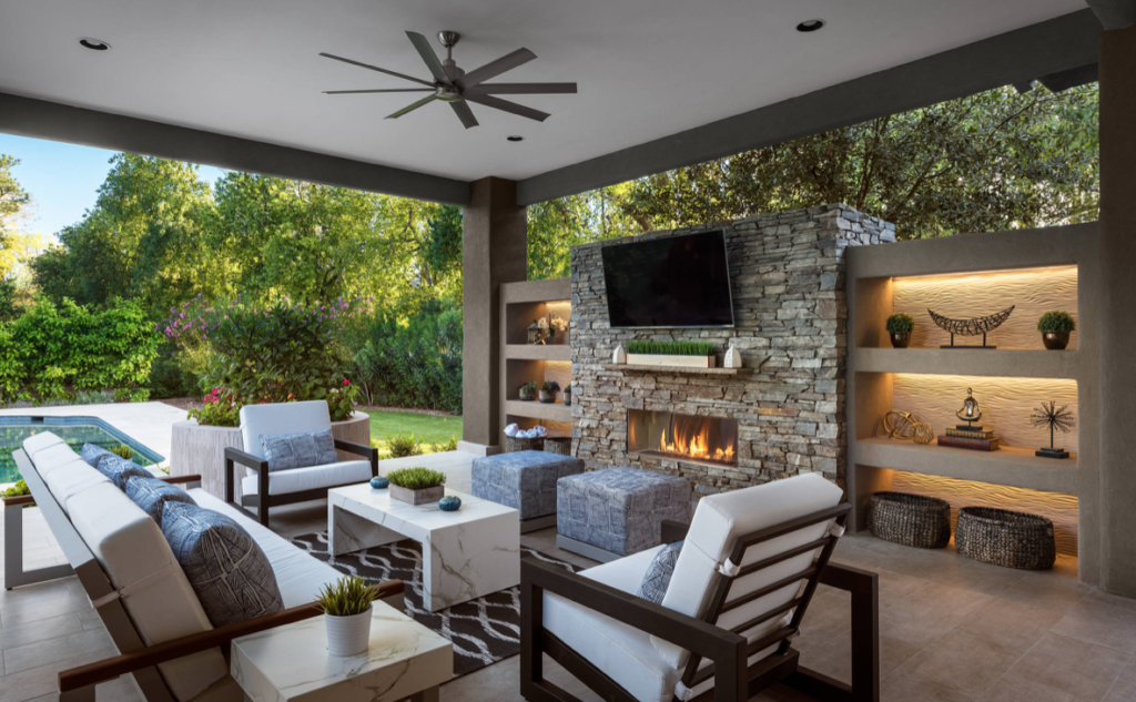 Outdoor Living room with custom built-in cabinets and entertainment center