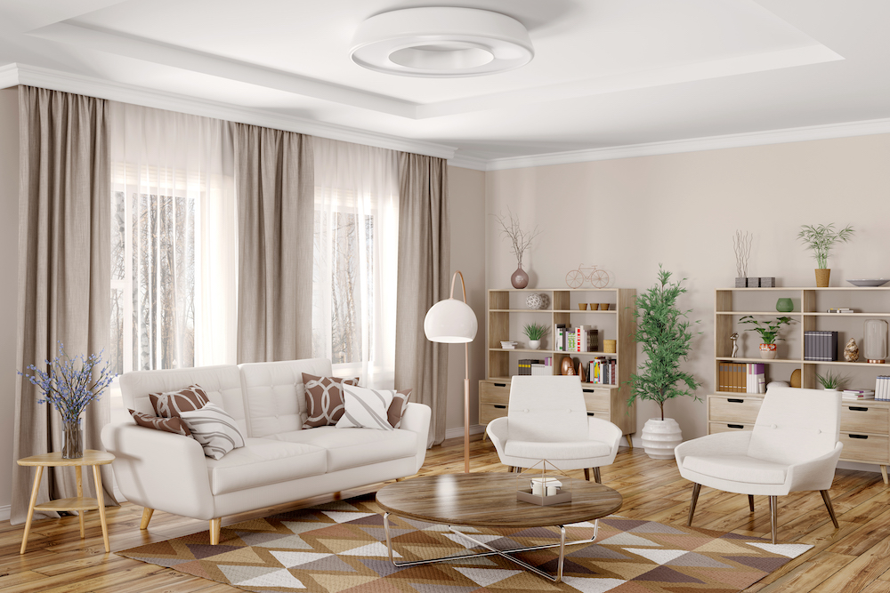 Minimalism Modern interior of living room with white sofa, armchairs and coffee table